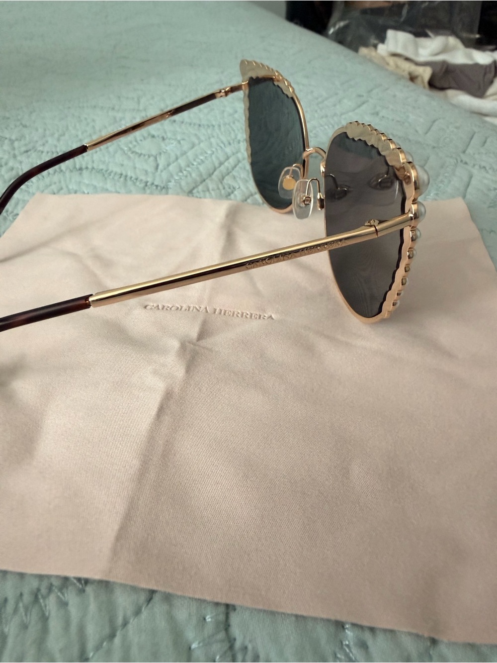 Carolina Herrera Gold Frame Sunglasses with Pearl Trim and Black Lenses - Picture 5 of 9